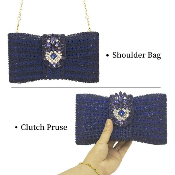 Womens Blue Novelty Bow Evening Silver Rhinestone Party Crystal Clutch - Picture 4 of 8